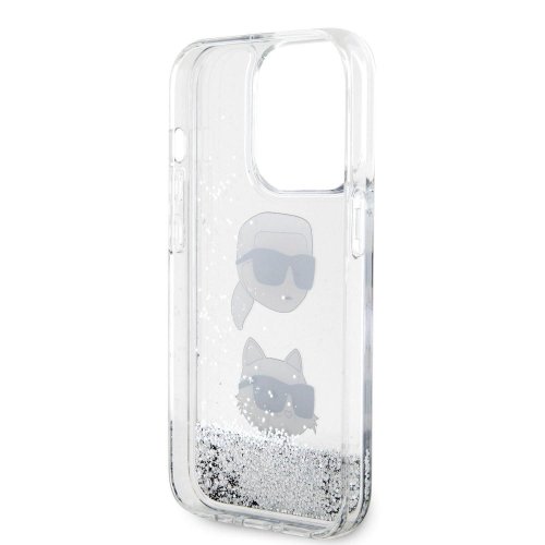 Karl Lagerfeld Liquid Glitter Karl and Choupette Head Zadní Kryt pro iPhone 15 Pro Max Silver