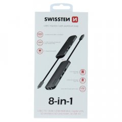 SWISSTEN USB-C HUB 8-IN-1 (USB-C PD, HDMI 4K, LAN RJ45, 3x USB 3.0, SD, MICRO SD) ALUMINIUM