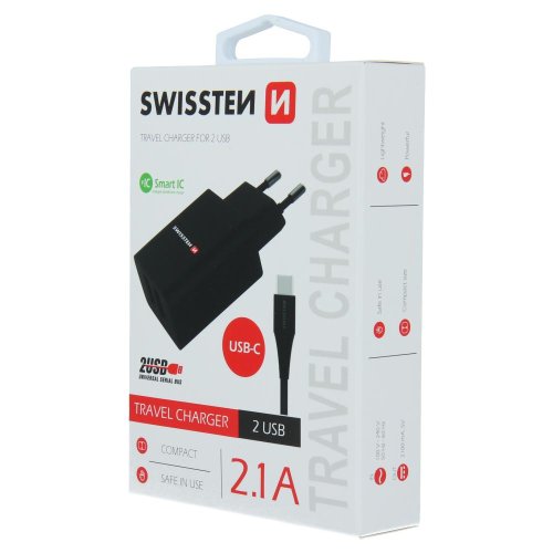 SWISSTEN SÍŤOVÝ ADAPTÉR SMART IC 2x USB 2,1A POWER + DATOVÝ KABEL USB / TYPE C 1,2 M ČERNÝ