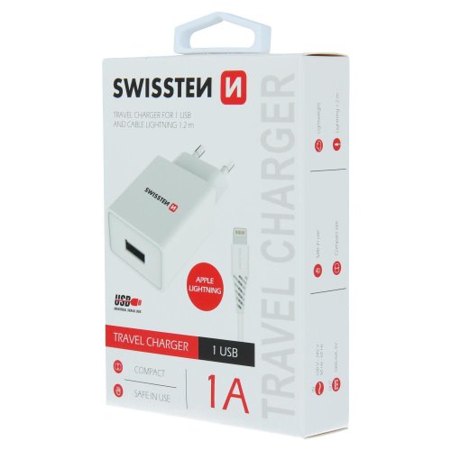 SWISSTEN SÍŤOVÝ ADAPTÉR SMART IC 1x USB 1A POWER + DATOVÝ KABEL USB / LIGHTNING 1,2 M BÍLÝ