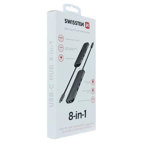 SWISSTEN USB-C HUB 8-IN-1 (USB-C PD, HDMI 4K, LAN RJ45, 3x USB 3.0, SD, MICRO SD) ALUMINIUM