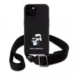 Karl Lagerfeld Saffiano Crossbody Popruh Metal Karl and Choupette Zadní Kryt pro iPhone 15 Black