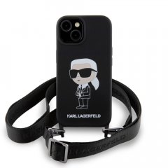 Karl Lagerfeld Liquid Silicone Crossbody Popruh Ikonik Zadní Kryt pro iPhone 15 Black