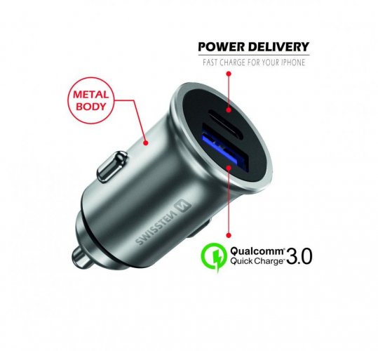 SWISSTEN CL ADAPTÉR POWER DELIVERY USB-C + QUICK CHARGE 3.0 36W METAL SILVER (ECO BALENÍ)