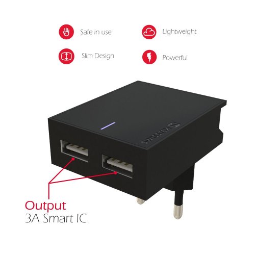 SWISSTEN SÍŤOVÝ ADAPTÉR SMART IC 2x USB 3A POWER + DATOVÝ KABEL USB / TYPE C 1,2 M ČERNÝ