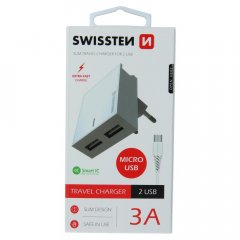 SWISSTEN SÍŤOVÝ ADAPTÉR SMART IC 2x USB 3A POWER + DATOVÝ KABEL USB / MICRO USB 1,2 M BÍLÝ