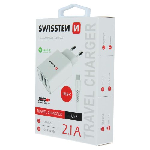 SWISSTEN SÍŤOVÝ ADAPTÉR SMART IC 2x USB 2,1A POWER + DATOVÝ KABEL USB / TYPE C 1,2 M BÍLÝ