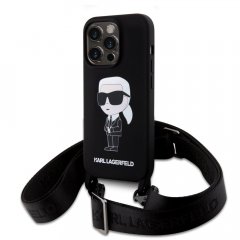 Karl Lagerfeld Liquid Silicone Crossbody Popruh Ikonik Zadní Kryt pro iPhone 15 Pro Black