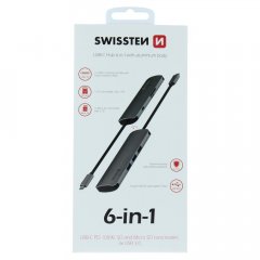 SWISSTEN USB-C HUB 6-IN-1 (USB-C PD, 3X USB 3.0, SD, MICRO SD) ALUMINIUM