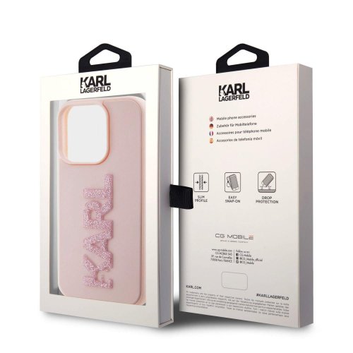 Karl Lagerfeld 3D Rubber Glitter Logo Karl Zadní Kryt pro iPhone 15 Pro Max Pink